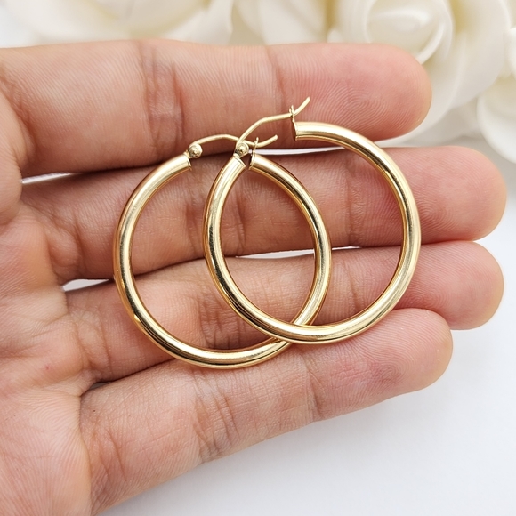 Big 14k Gold 3MM Polished Hoop Earrings - 35MM - Picture 3 of 5